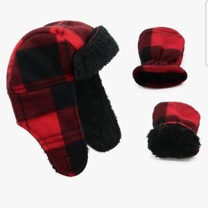 Toddler Boys Fleece Red Plaid Earflap   Winter Hat and Mitten Set (1-2 Yr Old)
